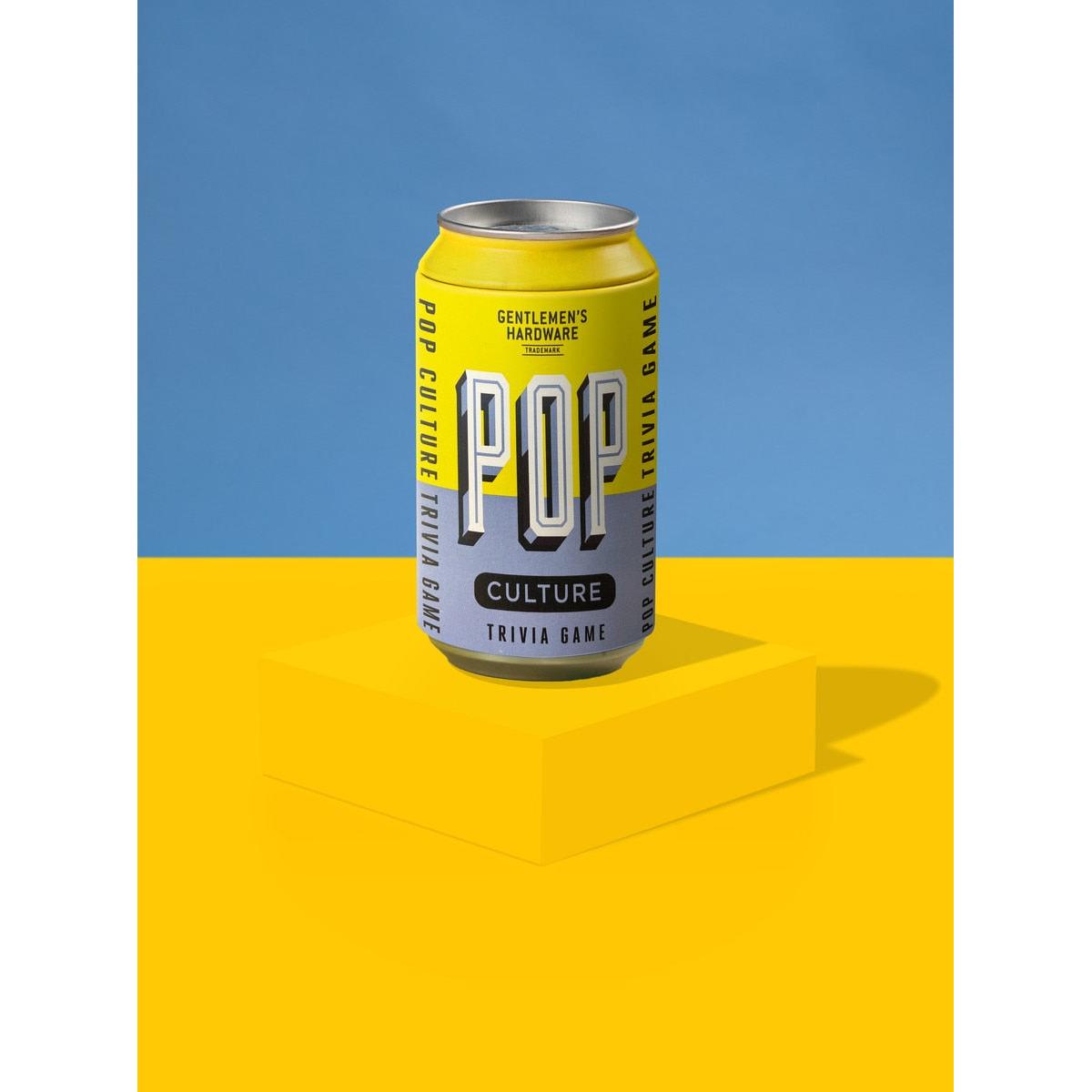 Gentlemen’s Hardware Pop Culture Quiz in a Can featuring bold yellow and blue trivia game design