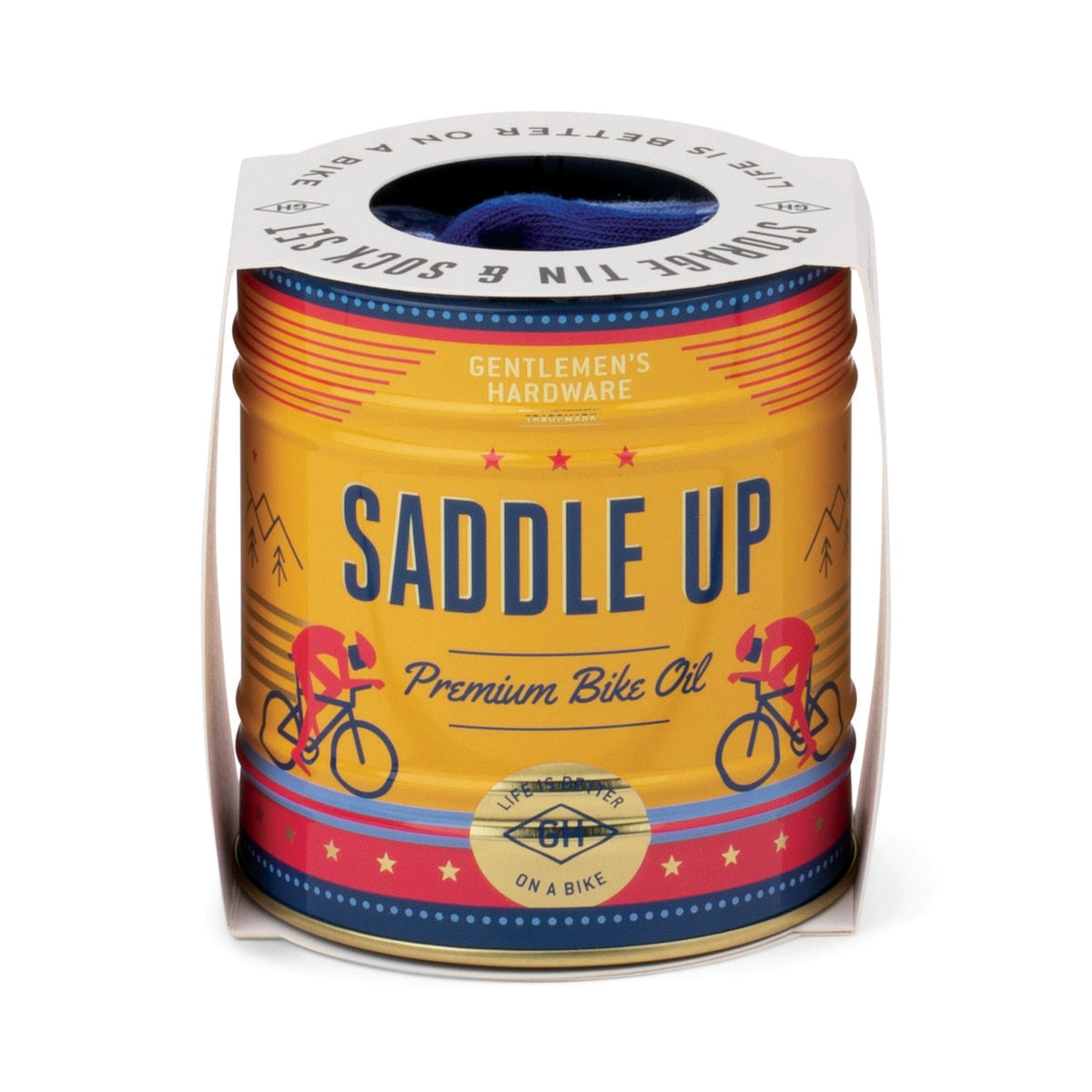 Gentlemen’s Hardware Saddle Up Socks in a Tin Can featuring vintage yellow bike-themed design