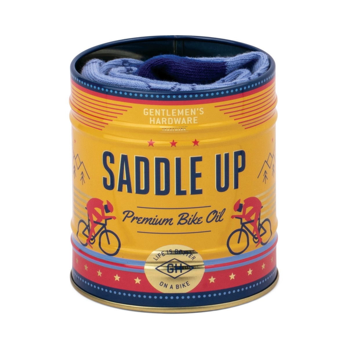 Gentlemen’s Hardware Saddle Up Socks in a Tin Can featuring vintage yellow bike-themed design