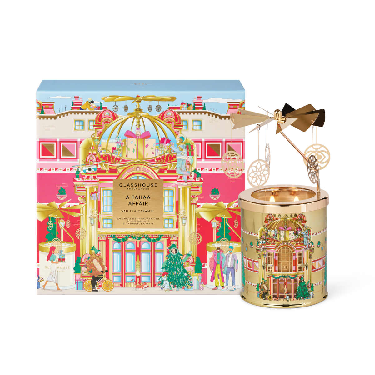 Glasshouse Fragrances A Tahaa Affair Vanilla Caramel Candle 380g – luxury gold candle with festive spinning carousel and gift box