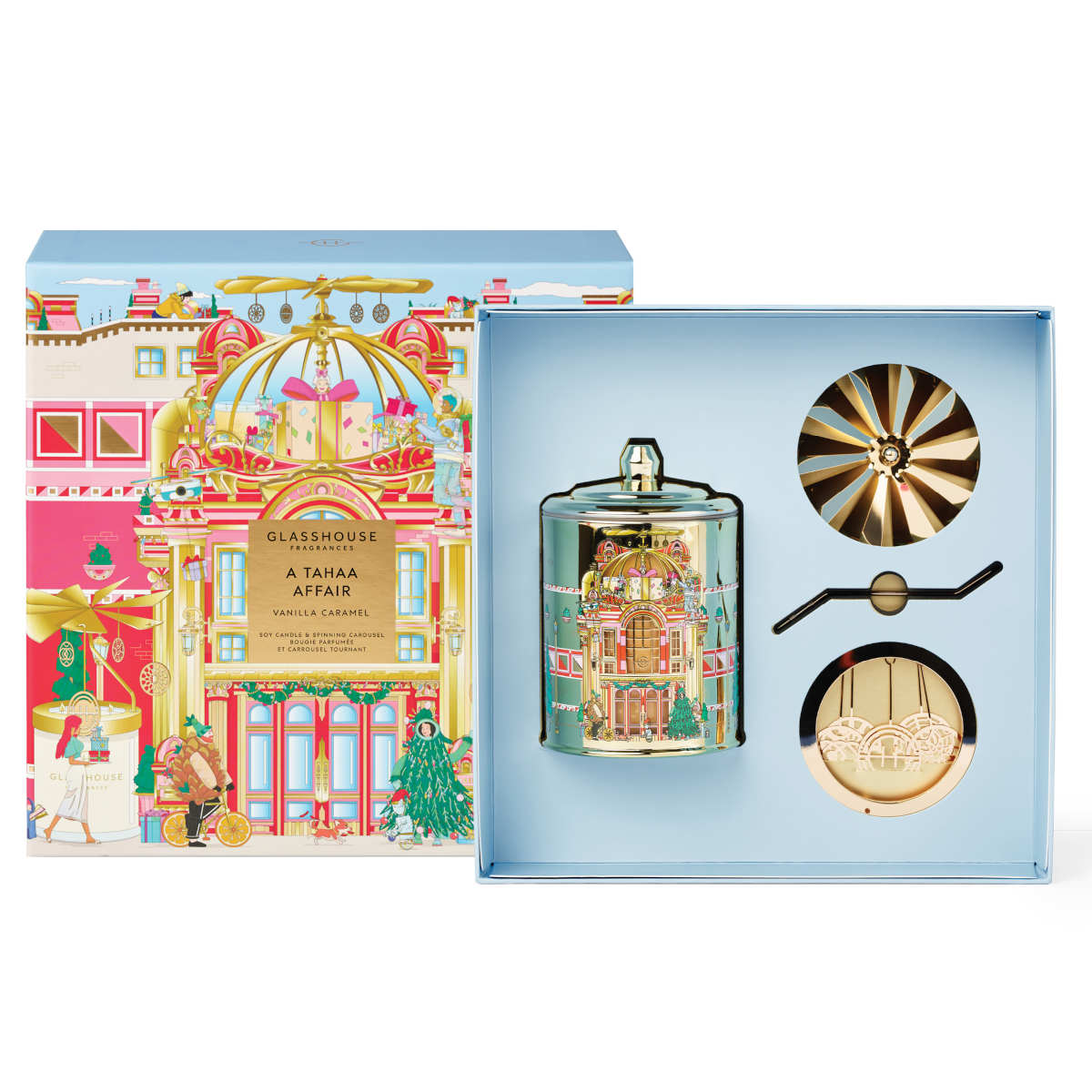 Glasshouse Fragrances A Tahaa Affair Vanilla Caramel Candle 380g – premium Christmas soy candle with decorative carousel topper