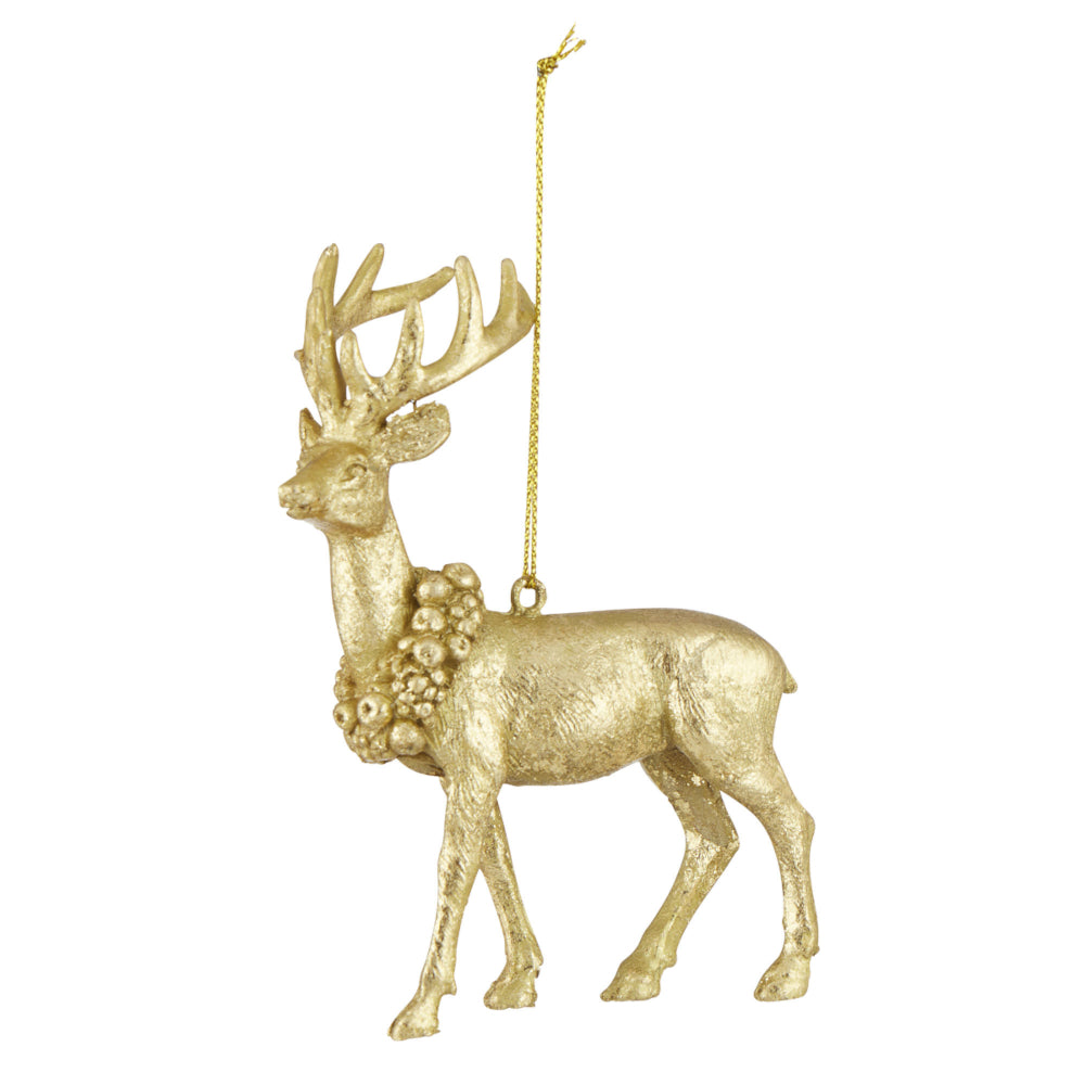 Gala Deer Hanging Decoration 12cm – gold deer ornament with wreath collar