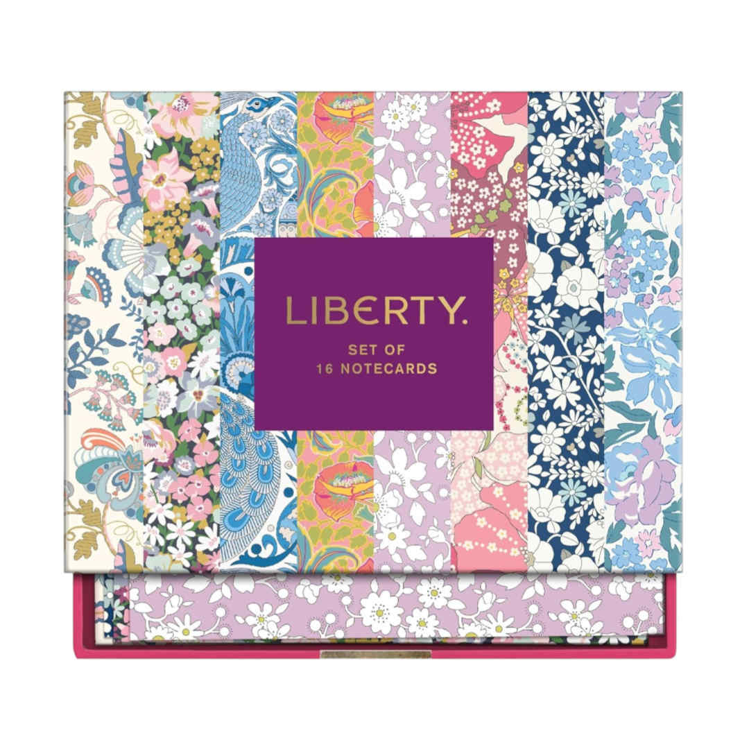 Galison Liberty Notecard Set Pack of 16, top view of boxed notecard set with floral designs and matching envelopes