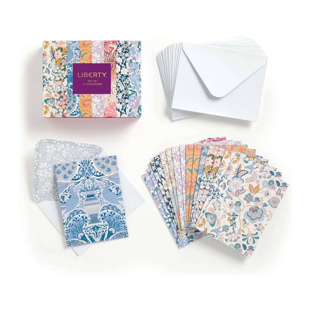 Galison Liberty Notecard Set Pack of 16, top view of boxed notecard set with floral designs and matching envelopes