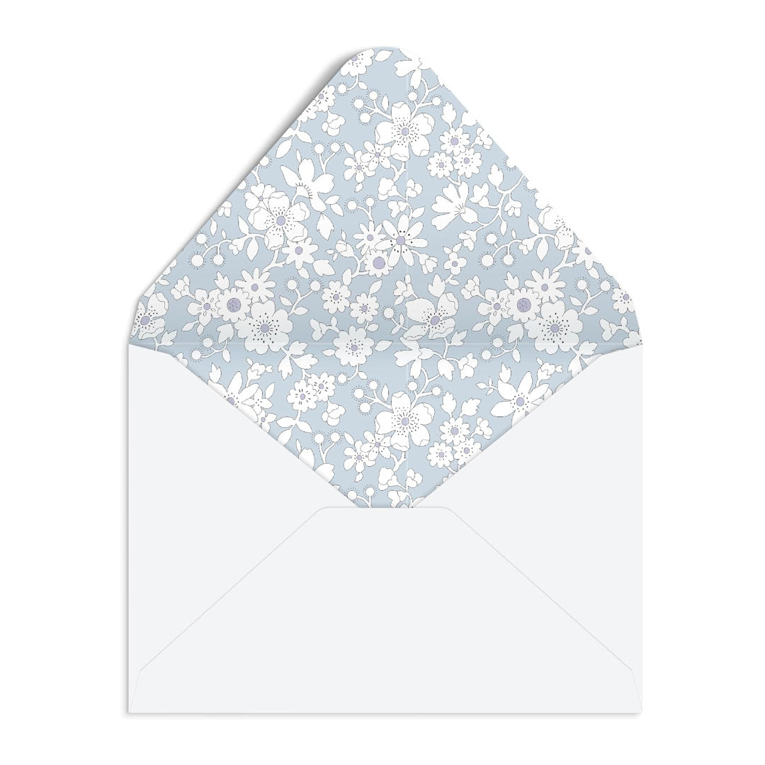 Galison Liberty Notecard Set Pack of 16, top view of boxed notecard set with floral designs and matching envelopes