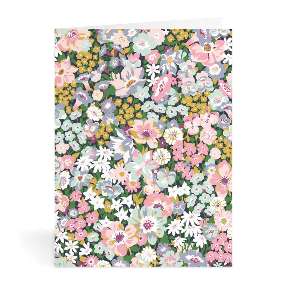 Galison Liberty Notecard Set Pack of 16, top view of boxed notecard set with floral designs and matching envelopes