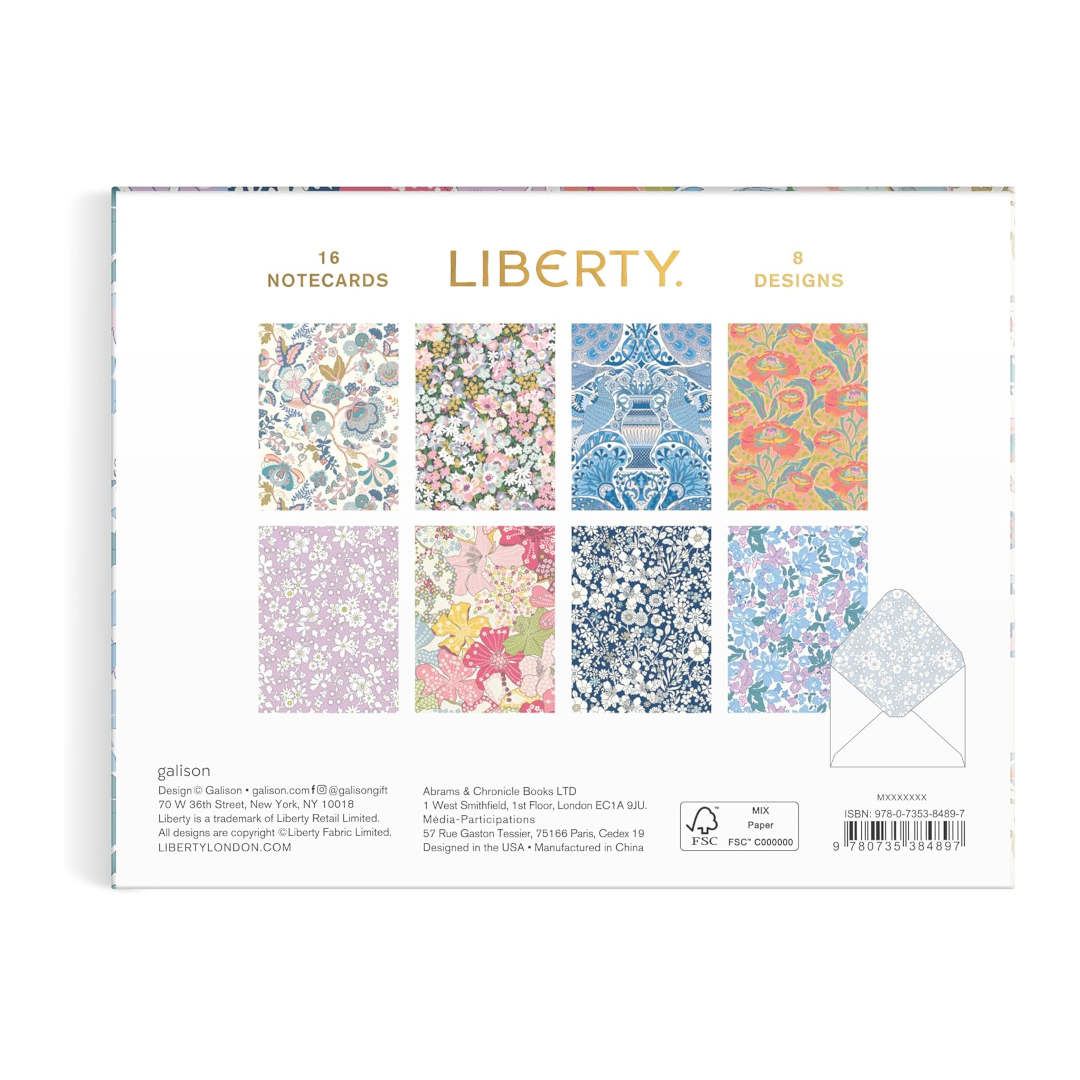 Galison Liberty Notecard Set Pack of 16, top view of boxed notecard set with floral designs and matching envelopes