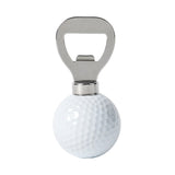 Novelty golf ball bottle opener with a realistic textured golf ball handle and durable stainless steel opener, perfect for golfers and entertaining.