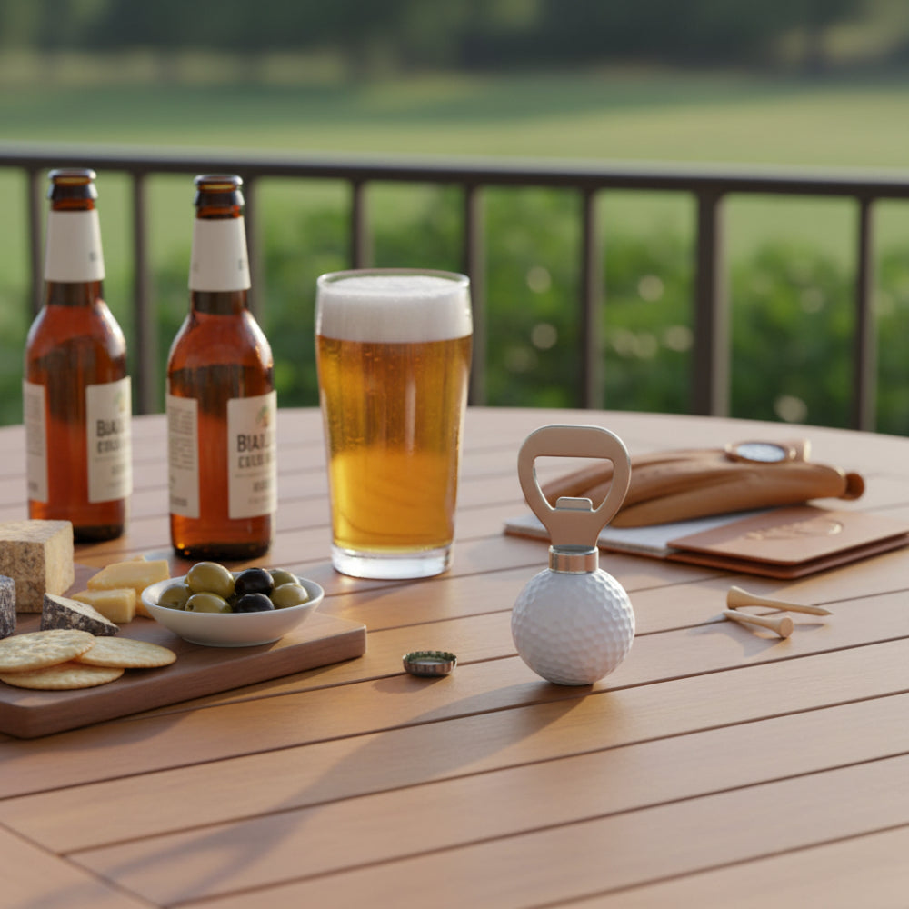 Lifestyle image of the Gentlemen's Hardware Golf Ball Bottle Opener displayed on an outdoor table with beer, snacks, and golf accessories, showcasing its novelty design for entertaining after a round of golf.