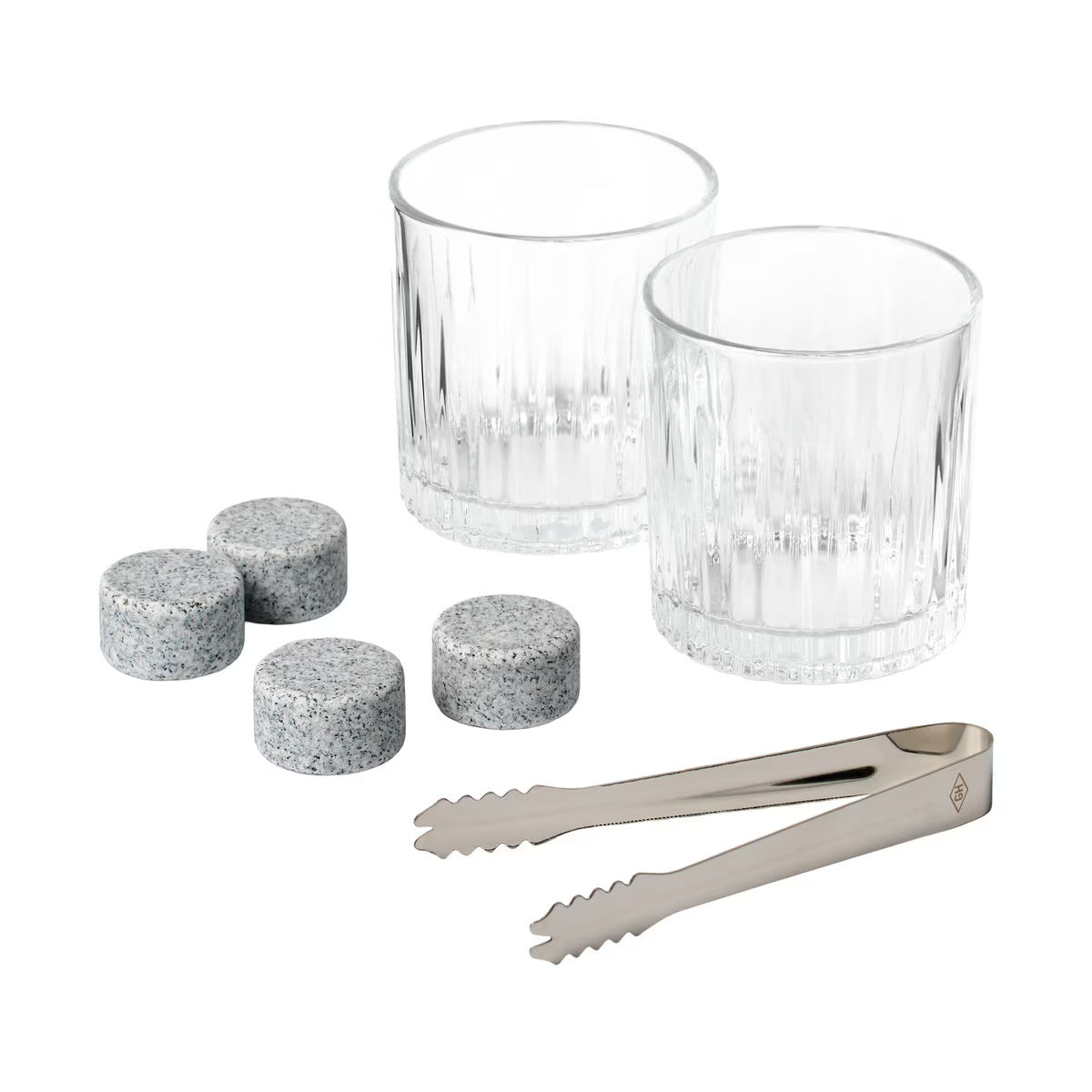 Contents of the Gentlemen's Hardware On The Rocks Whisky Kit, including two whisky glasses, four reusable granite whisky stones, and stainless steel tongs.