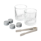 Contents of the Gentlemen's Hardware On The Rocks Whisky Kit, including two whisky glasses, four reusable granite whisky stones, and stainless steel tongs.