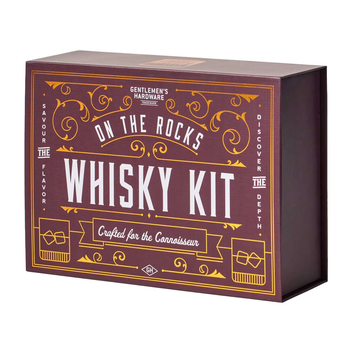 Front of the Gentlemen's Hardware On The Rocks Whisky Kit gift box with vintage-inspired typography, designed as a premium gift for whisky enthusiasts.