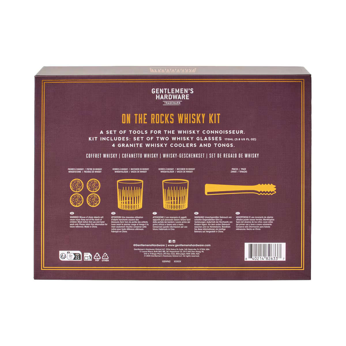 Back of the Gentlemen's Hardware On The Rocks Whisky Kit gift box, displaying included contents, product information, care instructions, and packaging details.