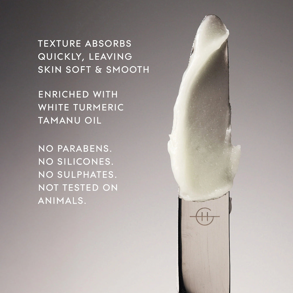 Close-up of Glasshouse Fragrances Hand Cream showcasing its rich, fast-absorbing texture, enriched with white turmeric and tamanu oil. Free from parabens, silicones and sulphates, and not tested on animals.