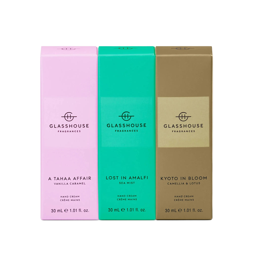 Glasshouse Fragrances Hand Cream Trio 30ml gift set in colourful presentation boxes featuring three signature fragrances: A Tahaa Affair Vanilla Caramel, Lost in Amalfi Sea Mist, and Kyoto in Bloom Camellia & Lotus.