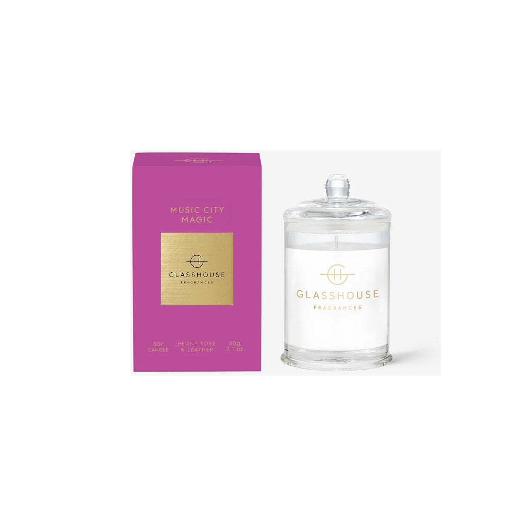 Glasshouse Fragrances Music City Candle 60g, small scented candle in glass jar with lid featuring signature label design