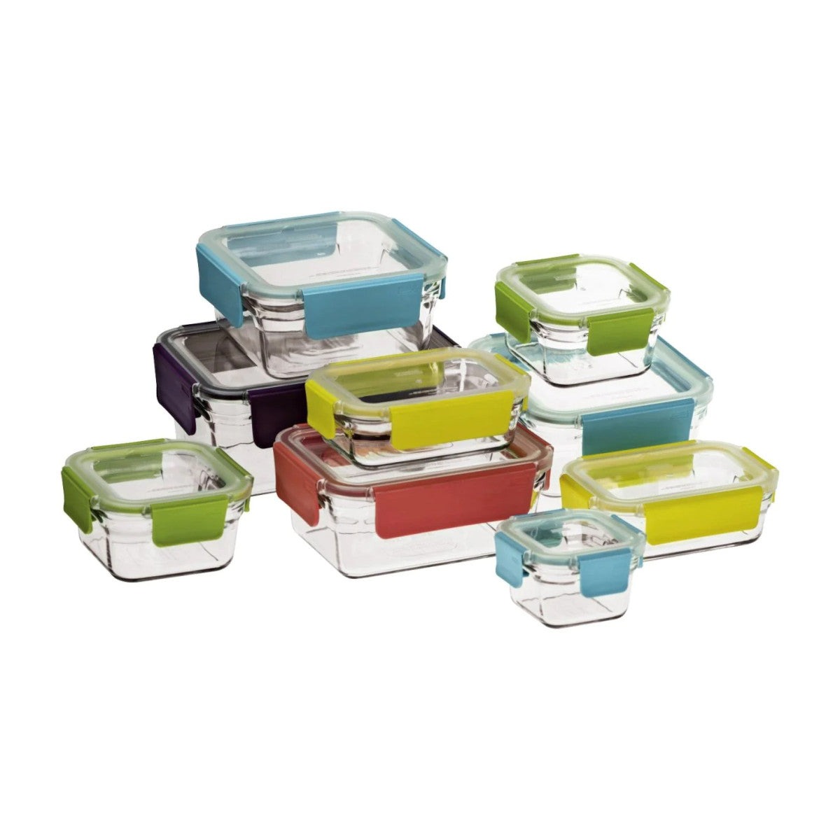 Glasslock Premium Oven Safe Set 9 Piece, angled view of stacked glass containers with multicolor locking lids on white background