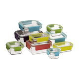 Glasslock Premium Oven Safe Set 9 Piece, angled view of stacked glass containers with multicolor locking lids on white background