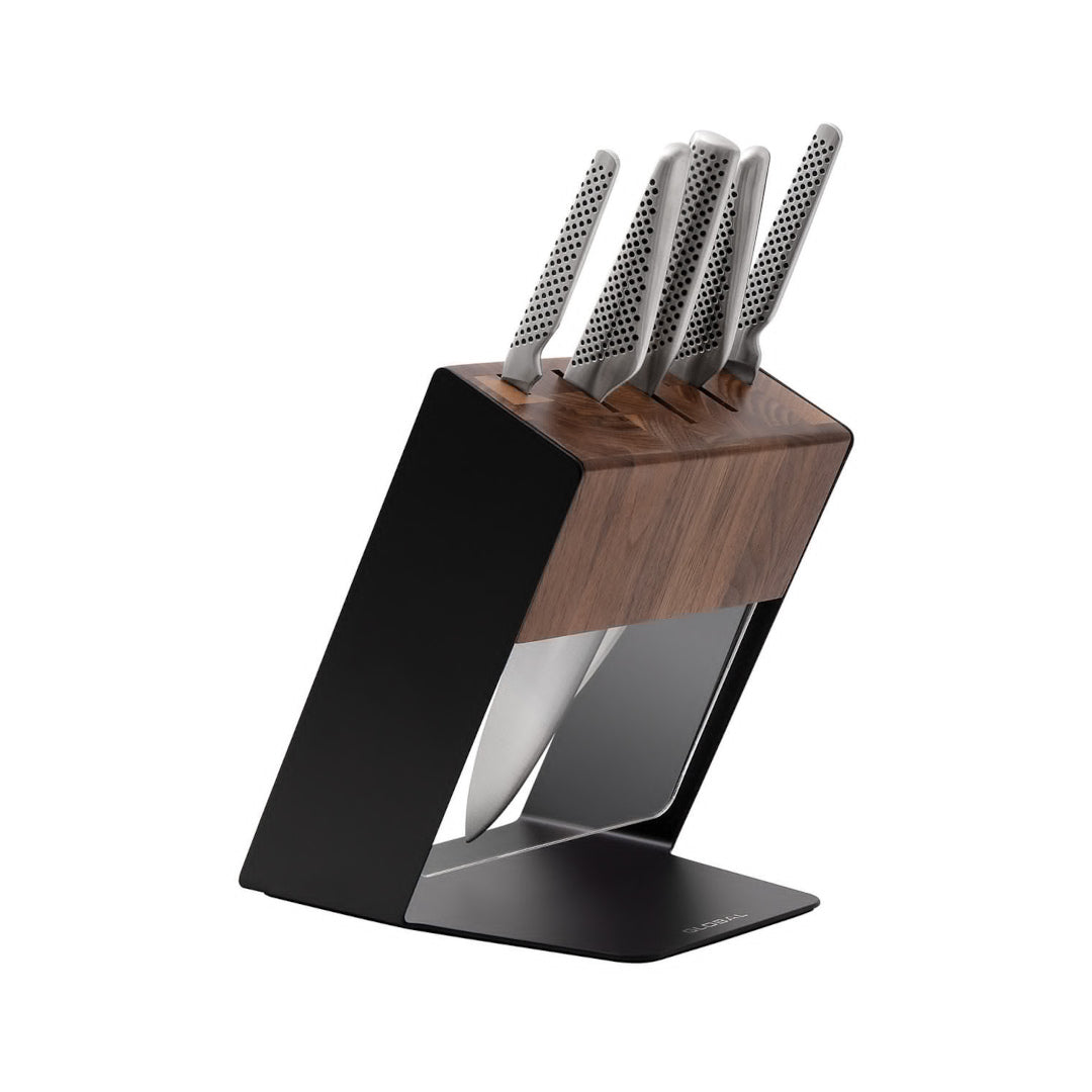 Global Katana 6 piece knife block set, walnut knife block with stainless steel Japanese kitchen knives