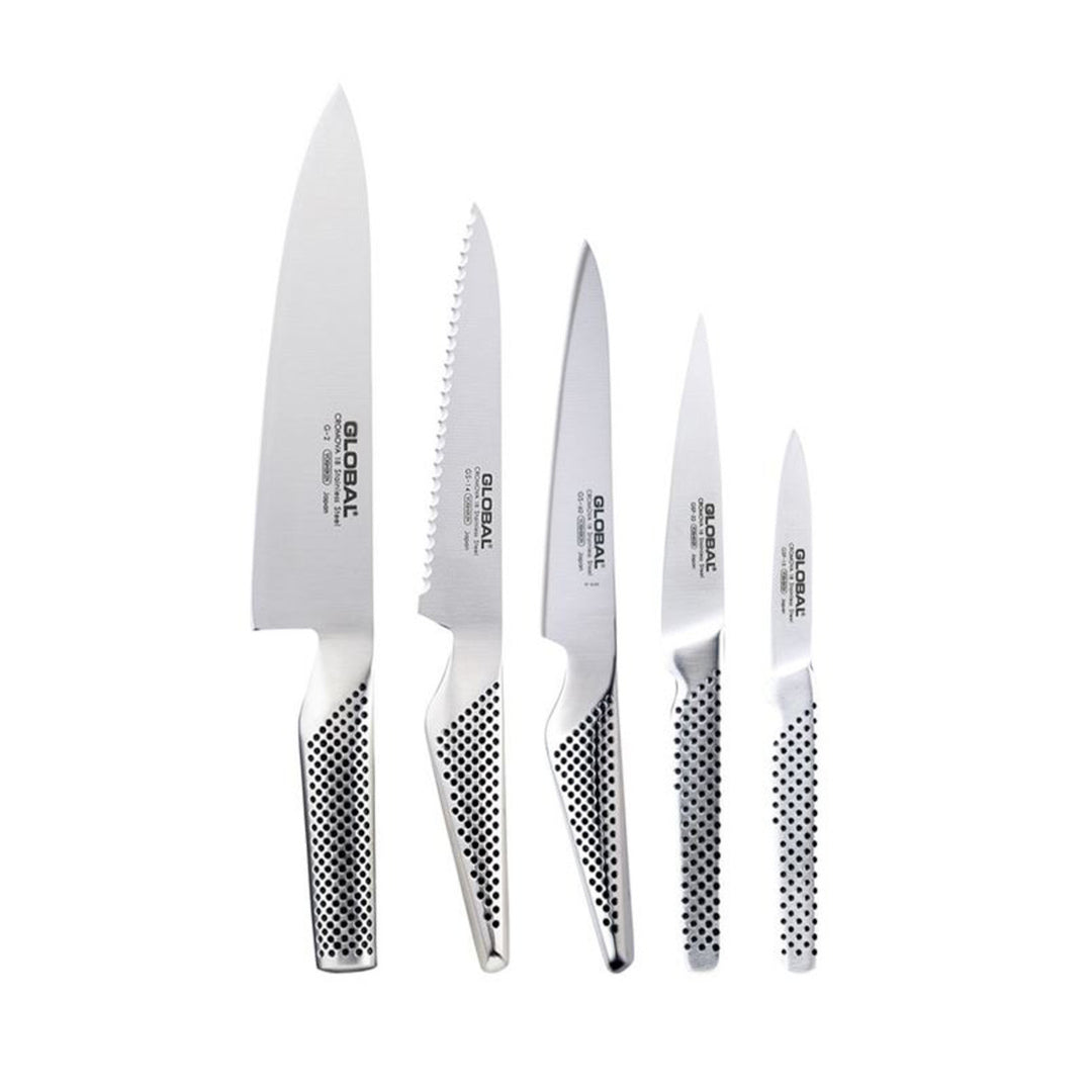 Global Katana 6 piece knife set, stainless steel Japanese knives including chef, bread, utility and paring knives