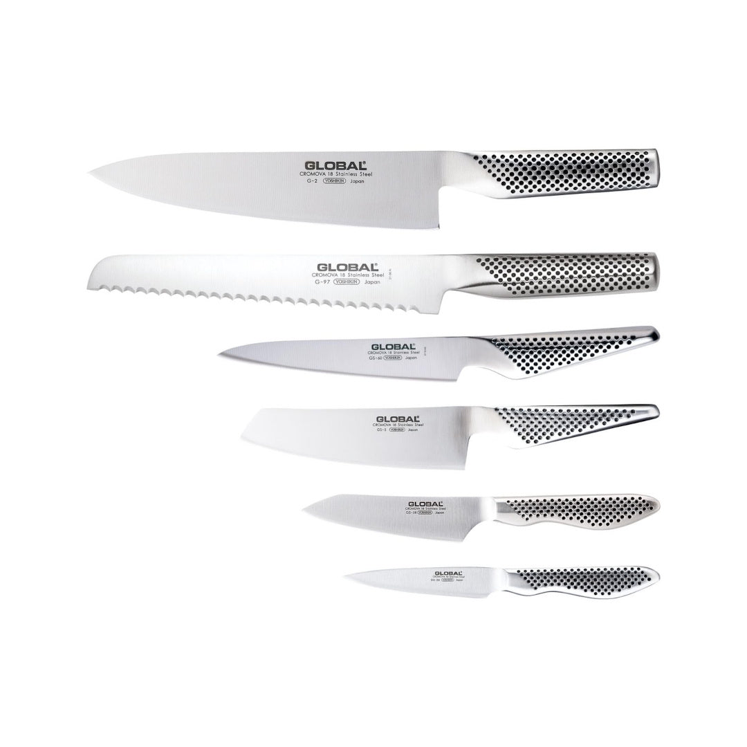 Global Kyoto 7 piece knife set, stainless steel Japanese knives including chef, bread, utility and paring knives