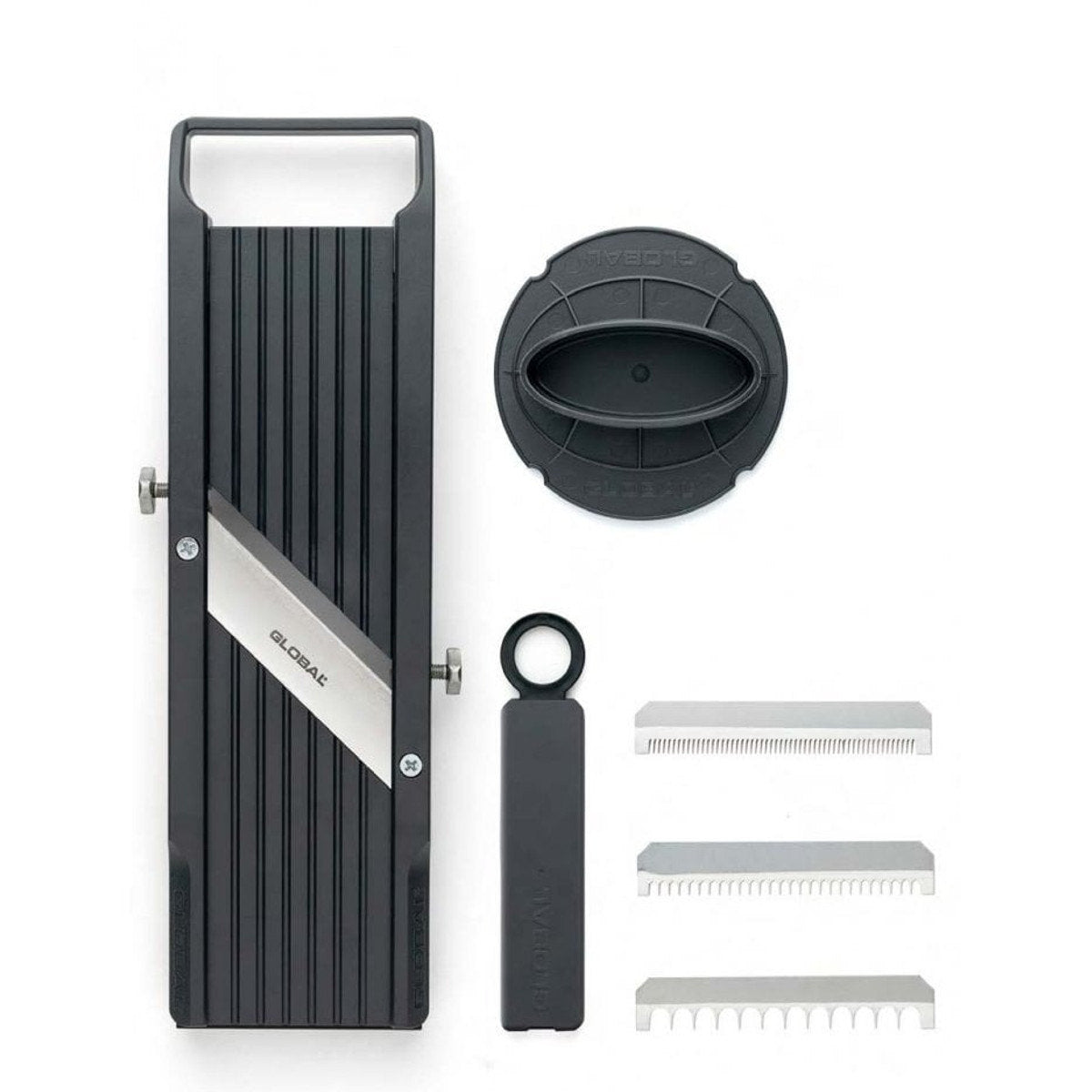 Global Mandoline Slicer 9.5cm – professional-grade kitchen slicer with stainless steel blades and interchangeable cutting inserts.