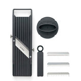 Global Mandoline Slicer 9.5cm – professional-grade kitchen slicer with stainless steel blades and interchangeable cutting inserts.