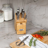 Global Takashi Knife Block Set 10 Piece with stainless steel knives, kitchen shears, sharpening steel, and bamboo storage block