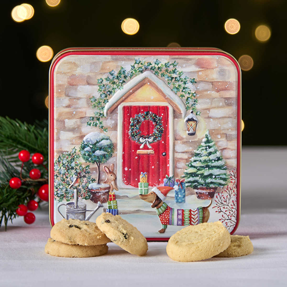Grandma Wild's Doorstep Delights Biscuit Tin 200g – festive gift tin with Christmas doorstep design filled with assorted biscuits.