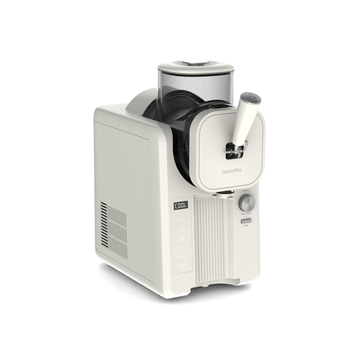 GreenPan Frost Ice-Cream & Slushie Maker Cream – sleek cream ice-cream and slushie maker with transparent lid, control dial, and dispensing handle, plain background