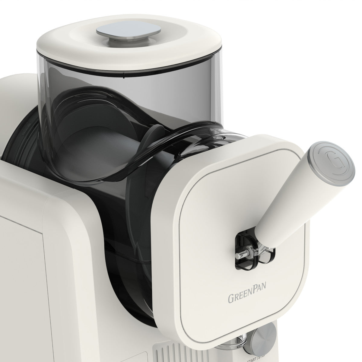 GreenPan Frost Ice-Cream & Slushie Maker Cream – close-up of transparent lid and top container, plain background