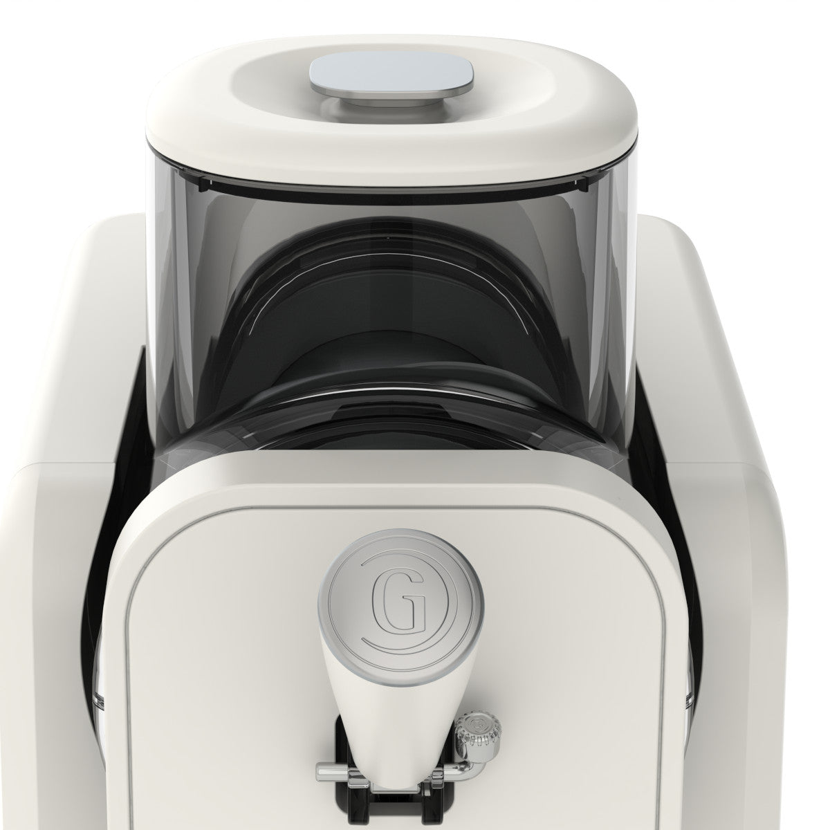 GreenPan Frost Ice-Cream & Slushie Maker Cream – close-up angled view of handle and mixing chamber, plain background