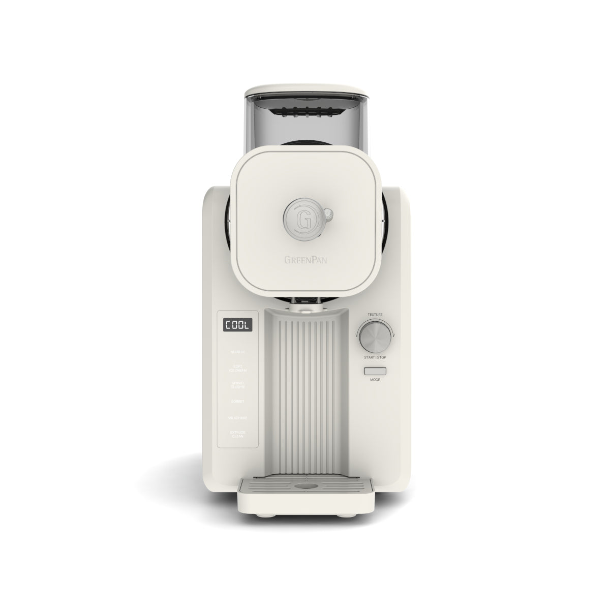 GreenPan Frost Ice-Cream & Slushie Maker Cream – front view with handle extended forward, plain background