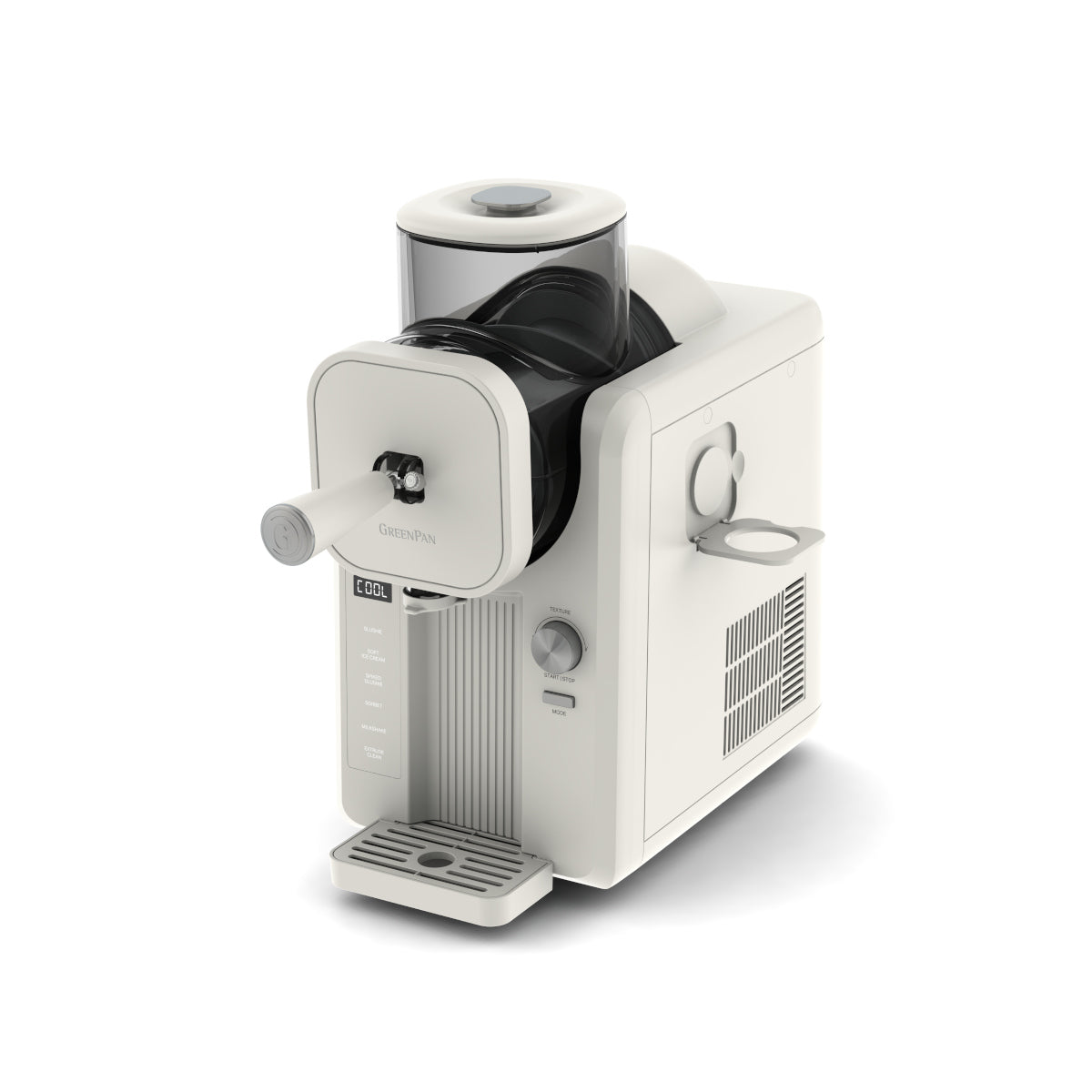 GreenPan Frost Ice-Cream & Slushie Maker Cream – sleek cream ice-cream and slushie maker with transparent lid, control dial, and dispensing handle, plain background