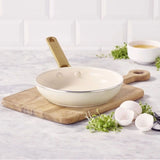 Image 2: GreenPan Padova Frypan Cream 20cm – styled on a wooden board with eggshells and greens