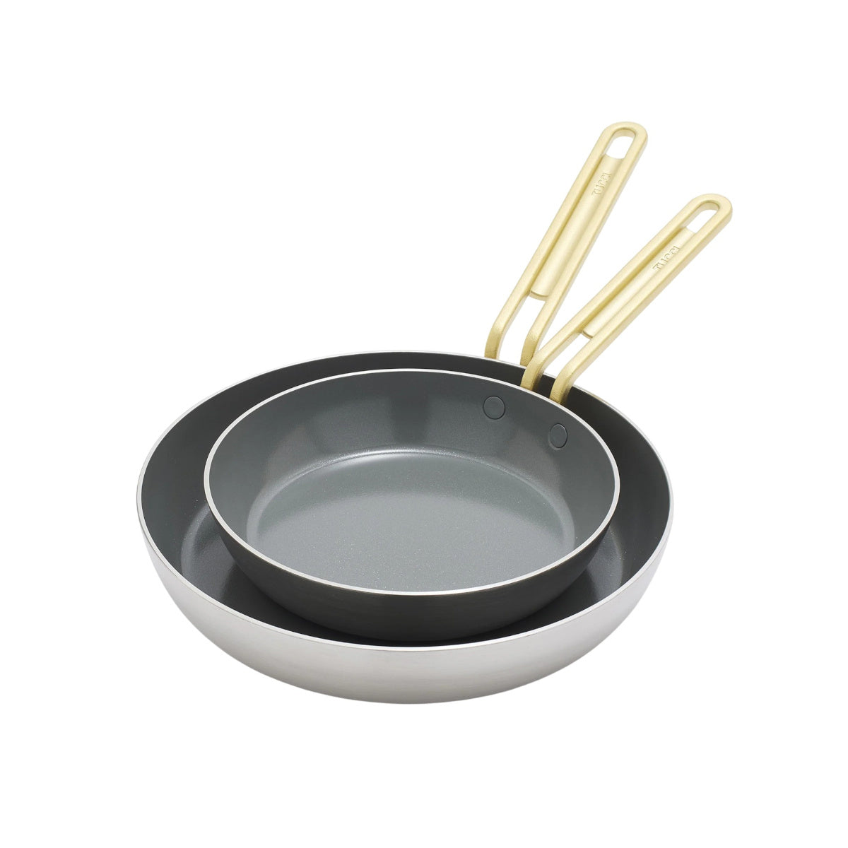 GreenPan Stanley Tucci Stainless Steel Frypan Set 20cm & 26cm with gold handles stacked together on white background