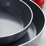 GreenPan Stanley Tucci Stainless Steel Frypan Set 20cm & 26cm with gold handles stacked together on white background