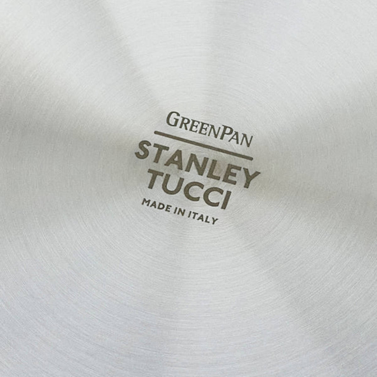 GreenPan Stanley Tucci Stainless Steel Frypan Set 20cm & 26cm with gold handles stacked together on white background