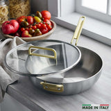 GreenPan Stanley Tucci Stainless Steel Stanley Pan 33cm (6.2L) with glass lid and gold handles on white background