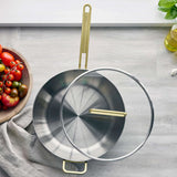 GreenPan Stanley Tucci Stainless Steel Stanley Pan 33cm (6.2L) with glass lid and gold handles on white background