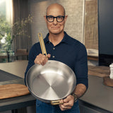GreenPan Stanley Tucci Stainless Steel Stanley Pan 33cm (6.2L) with glass lid and gold handles on white background