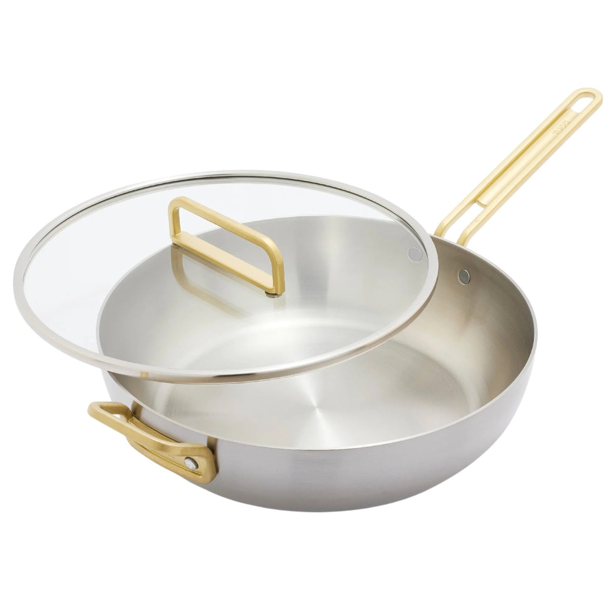 GreenPan Stanley Tucci Stainless Steel Stanley Pan 33cm (6.2L) with glass lid and gold handles on white background