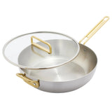 GreenPan Stanley Tucci Stainless Steel Stanley Pan 33cm (6.2L) with glass lid and gold handles on white background