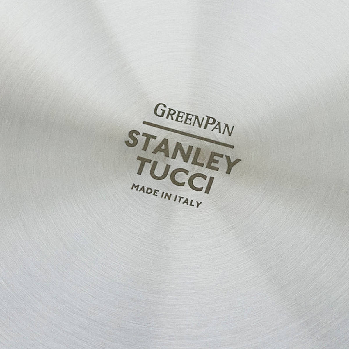 GreenPan Stanley Tucci Stainless Steel Stanley Pan 33cm (6.2L) with glass lid and gold handles on white background