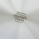 GreenPan Stanley Tucci Stainless Steel Stanley Pan 33cm (6.2L) with glass lid and gold handles on white background
