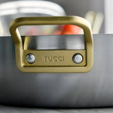 GreenPan Stanley Tucci Stainless Steel Stanley Pan 33cm (6.2L) with glass lid and gold handles on white background