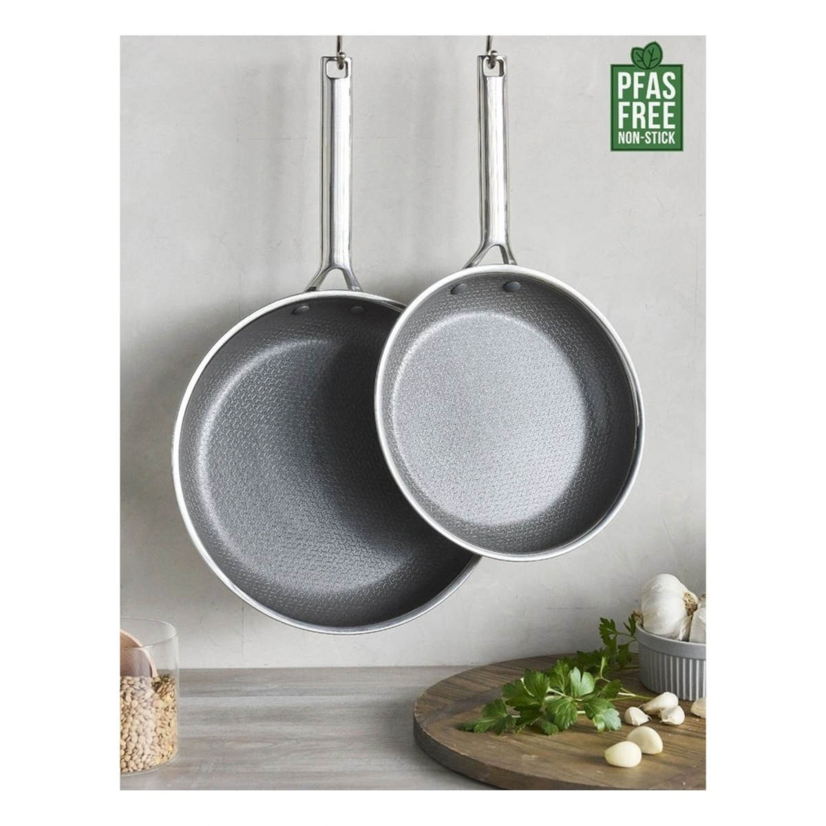 Greenpan Apex Frypan Set 24cm & 28cm, angled view of two frypans with nonstick interior and ergonomic handles