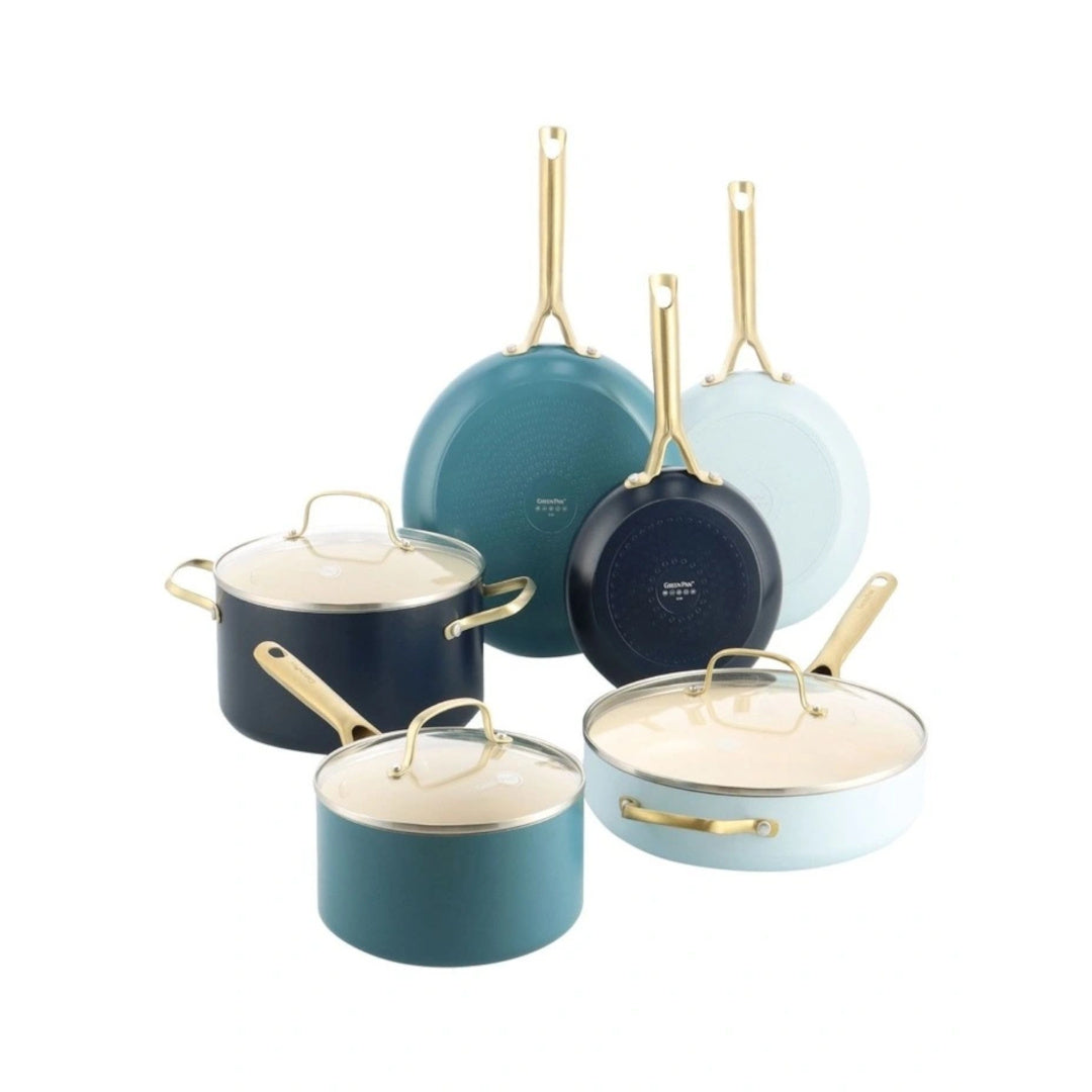 Greenpan Coastal Shades Cookware Set 6 Piece, angled view of cookware set including pots and pans in pastel tones