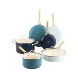 Greenpan Coastal Shades Cookware Set 6 Piece, angled view of cookware set including pots and pans in pastel tones