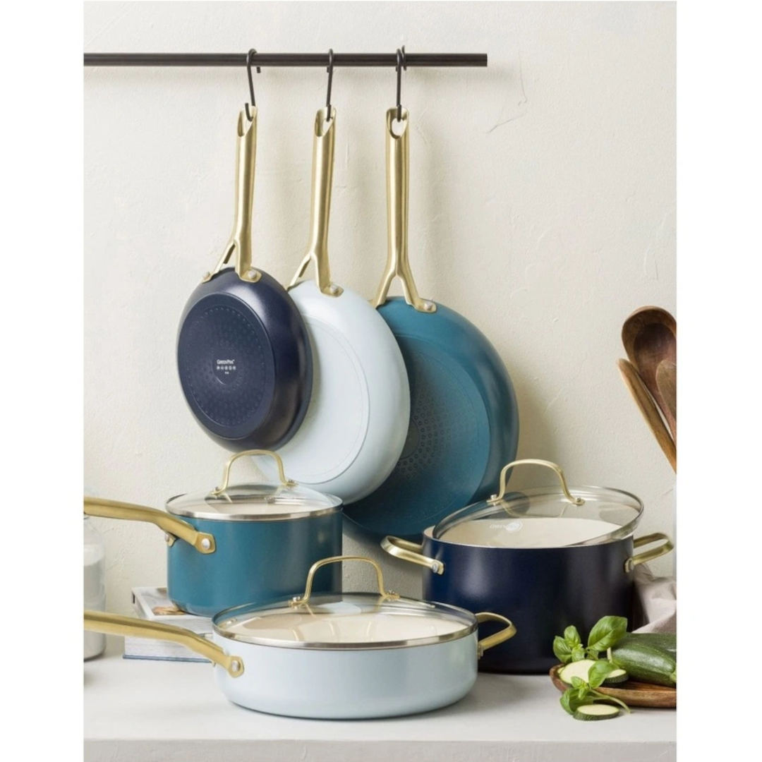 Greenpan Coastal Shades Cookware Set 6 Piece, angled view of cookware set including pots and pans in pastel tones